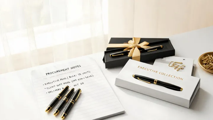 Business desk with Cross Pens and procurement notes