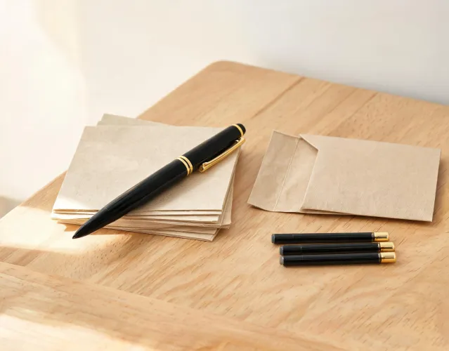 Refillable premium pens with paper packaging and natural desk materials
